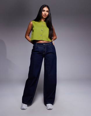 Asos Design Wide Shoulder Boxy Cropped Vest In Green