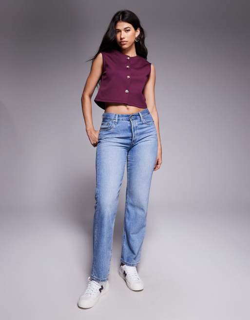 ASOS DESIGN wide shoulder boxy cropped vest in plum , 2 of 4