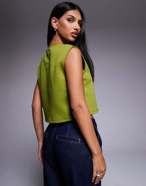 ASOS DESIGN wide shoulder boxy cropped waistcoat in olive green, 3 of 4