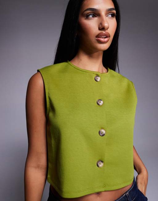 ASOS DESIGN wide shoulder boxy cropped waistcoat in olive green, 4 of 4