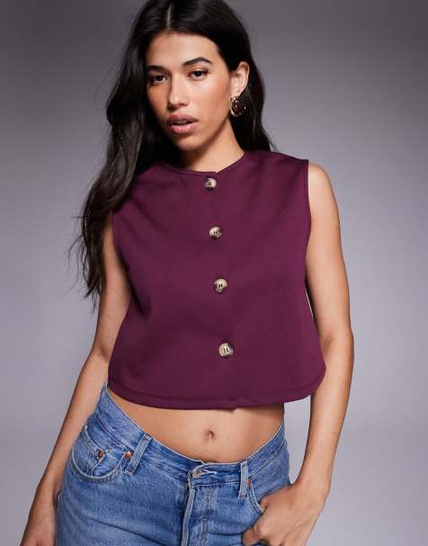 ASOS DESIGN wide shoulder boxy cropped waistcoat in plum - view 1