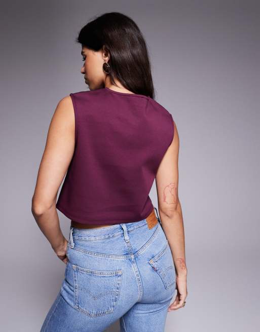ASOS DESIGN wide shoulder boxy cropped waistcoat in plum , 4 of 4
