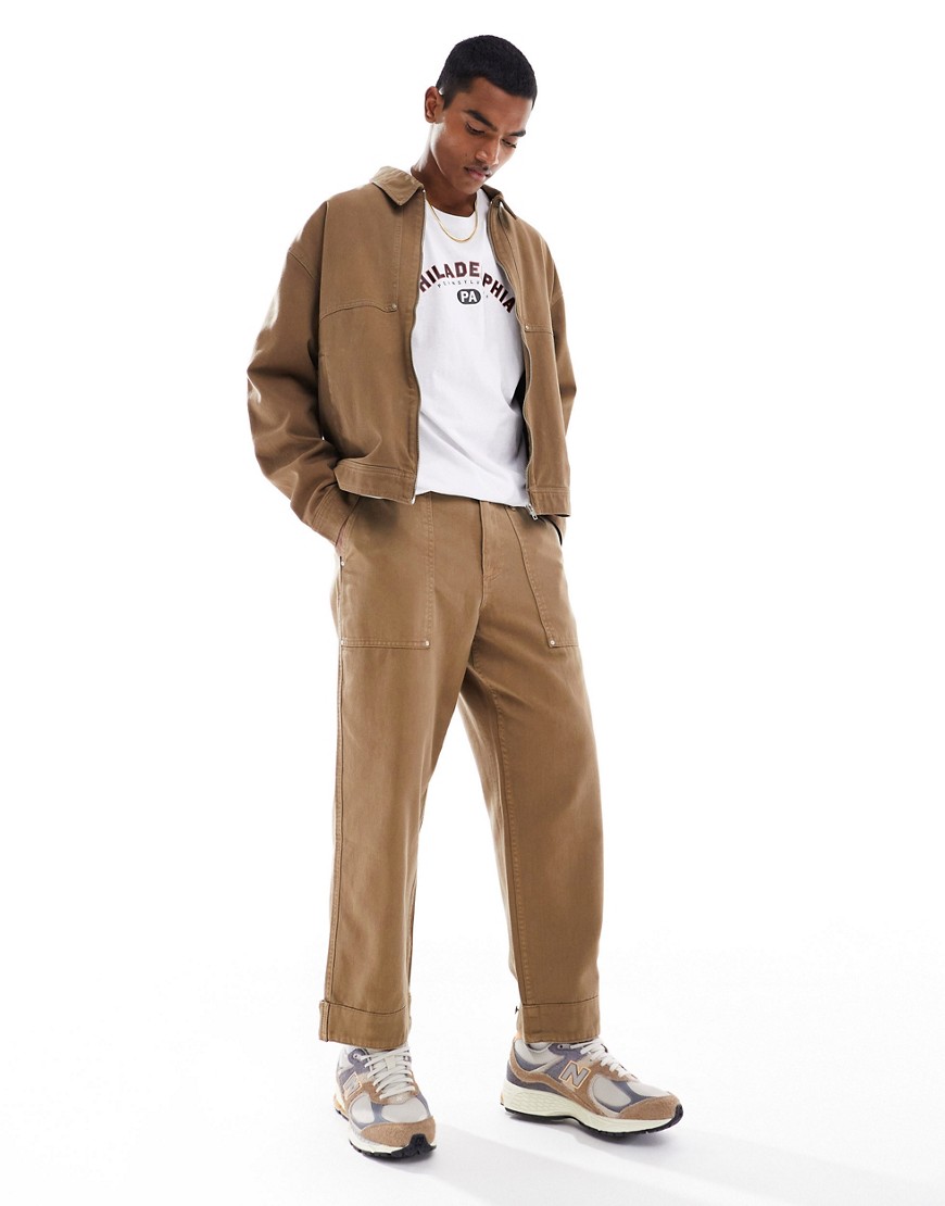Asos Design Wide Skate Twill Pants In Brown With Cuff Detail - Part Of A Set