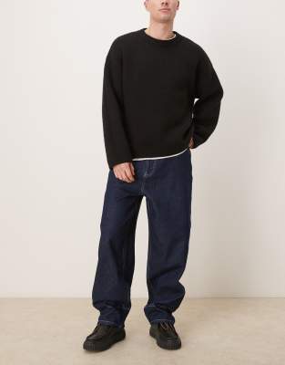 Asos Design Wide Skater Jeans With Contrast Stitch In Rinse Wash-blue