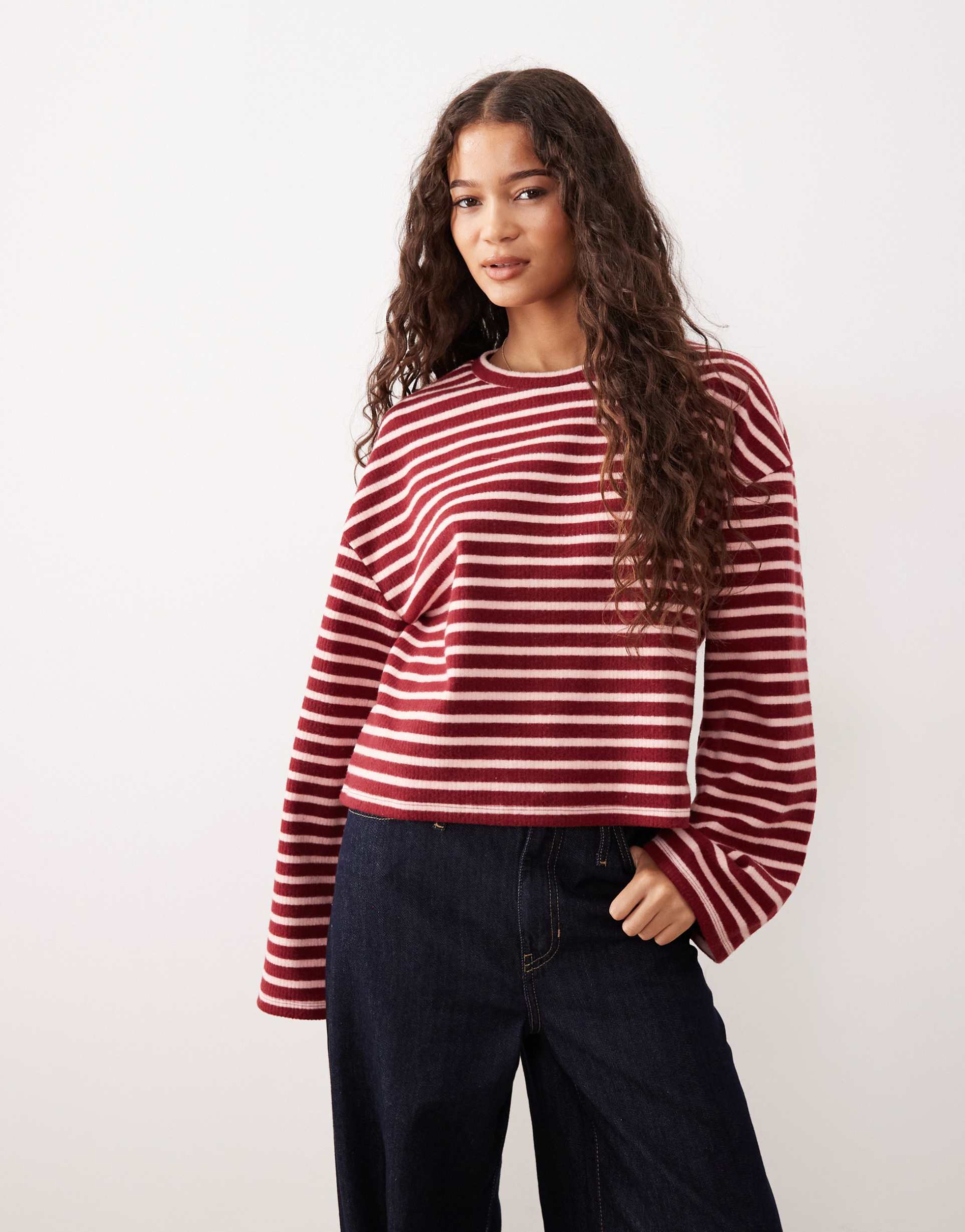 asos design wide sleeve boxy brushed striped top in burgundy