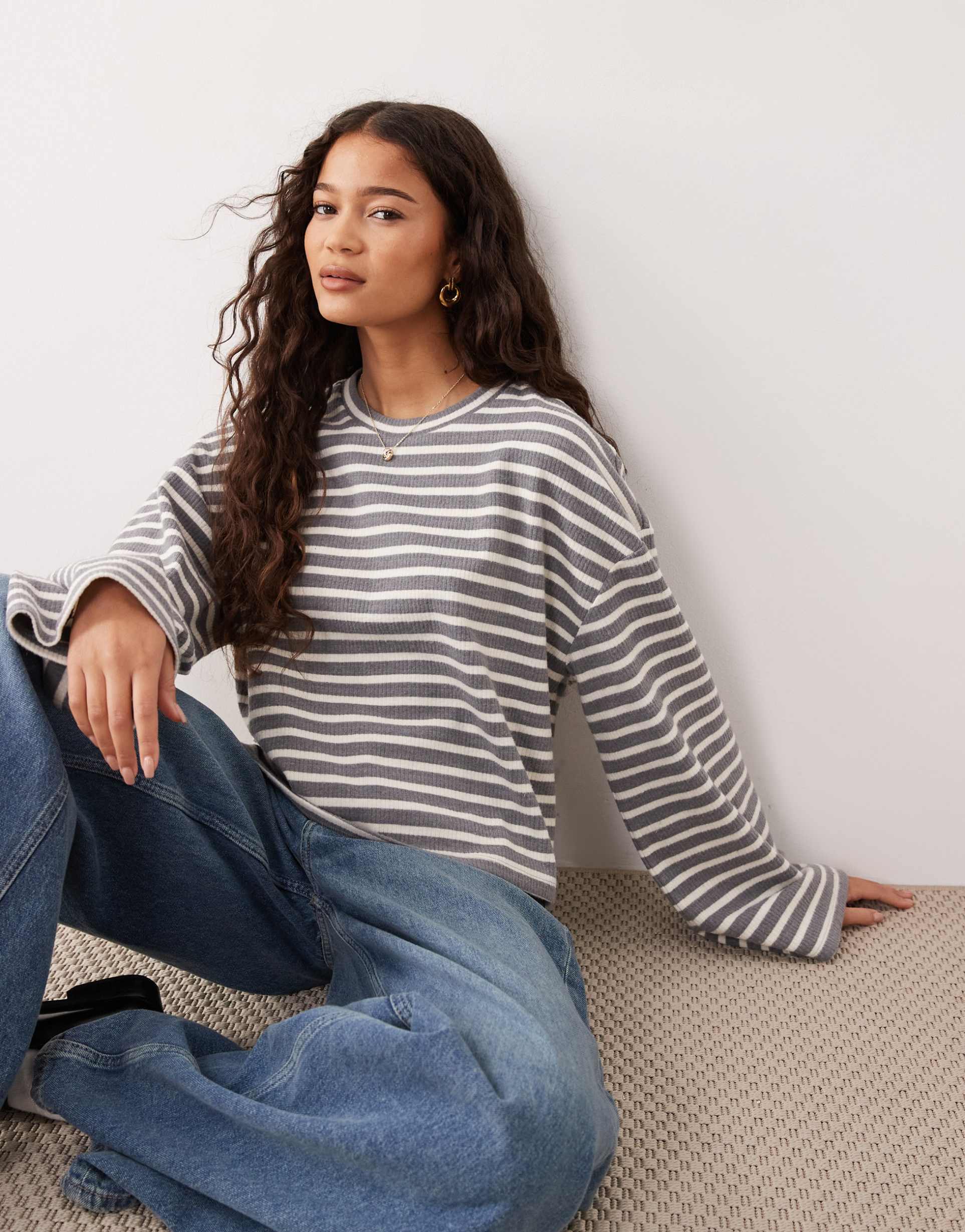 asos design wide sleeve boxy brushed striped top in gray