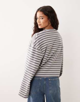 Asos Design Wide Sleeve Boxy Brushed Striped Top In Gray