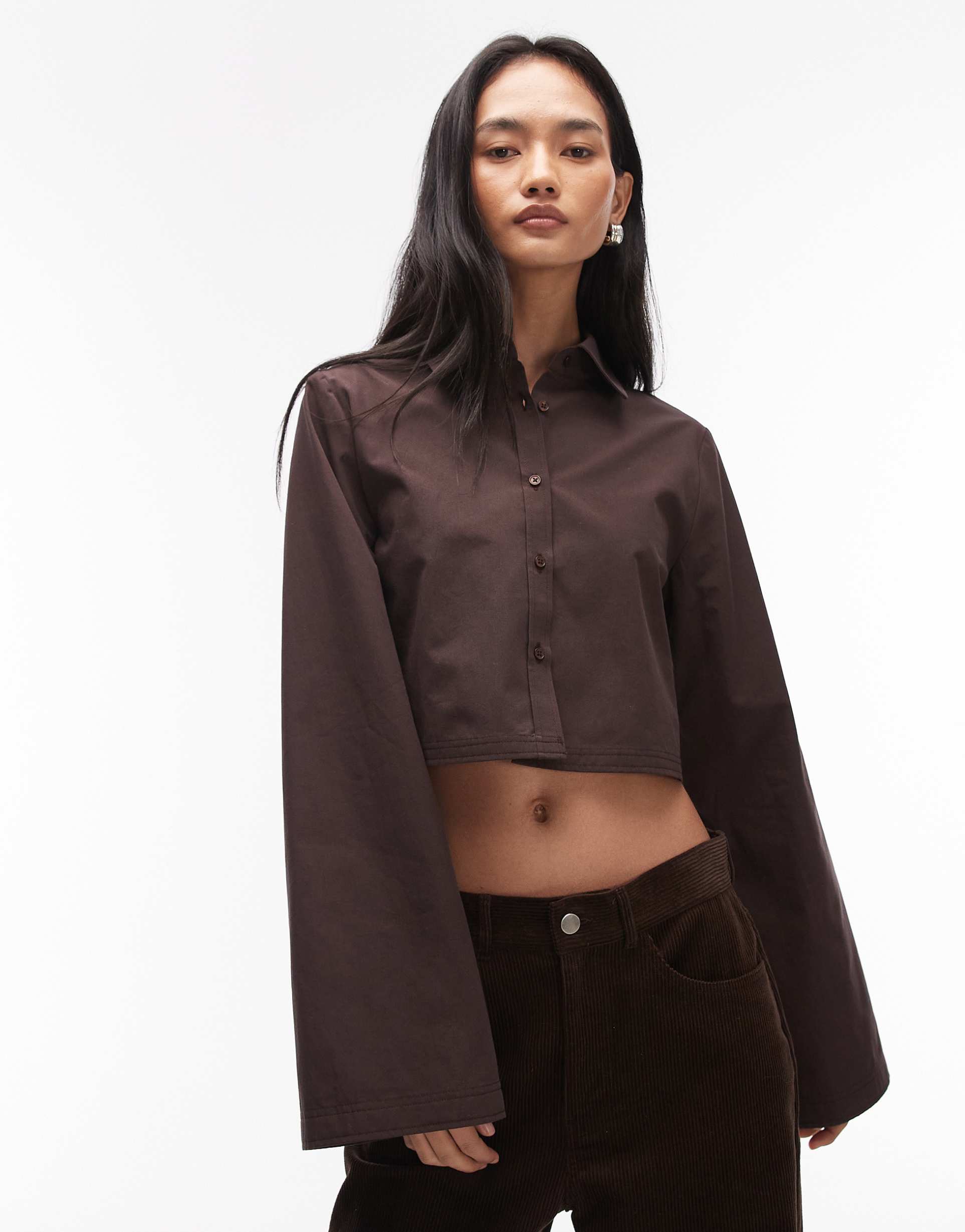 asos design wide sleeve boxy shirt in chocolate