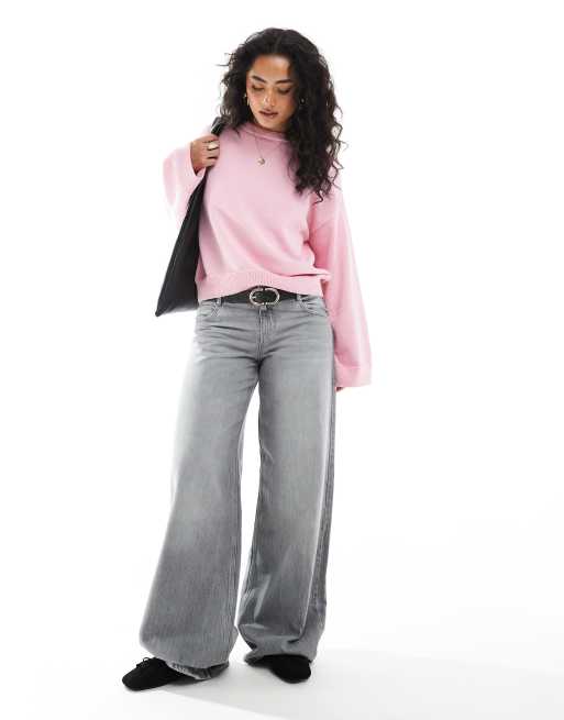 ASOS DESIGN wide sleeve knit cotton sweater in light pink
