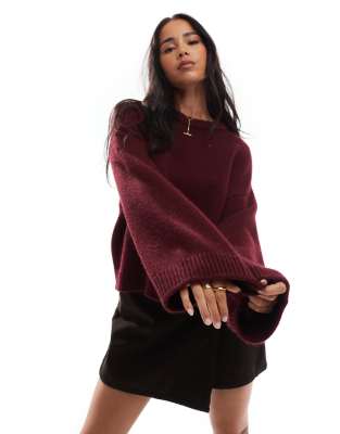 wide sleeve knit sweater in burgundy-Red