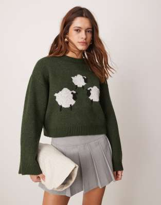 wide sleeve knit sweater with sheep design in dark green