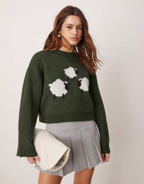 ASOS DESIGN wide sleeve knit sweater with sheep design in dark green - view 1