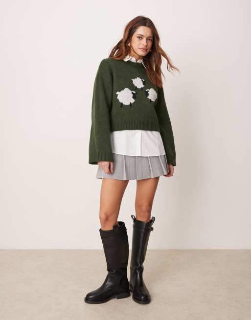ASOS DESIGN wide sleeve knit sweater with sheep design in dark green, 4 of 4