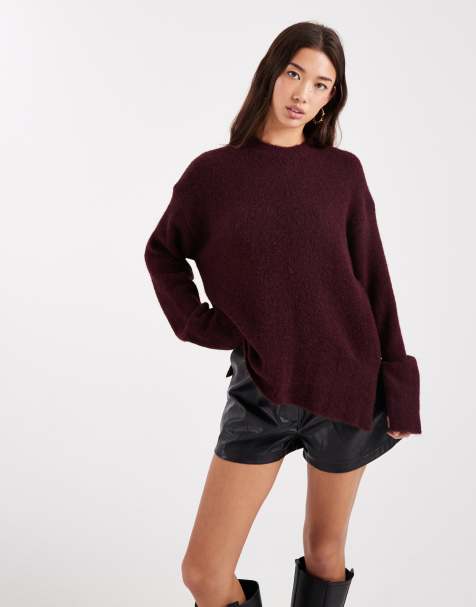ASOS DESIGN wide sleeve knit sweater with wool in wine - view 1
