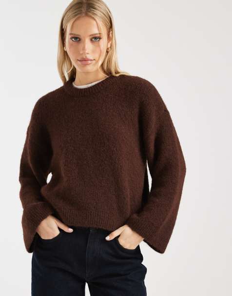 ASOS DESIGN wide sleeve knitted jumper co-ord with wool in brown - view 1