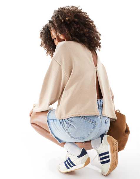 ASOS DESIGN wide sleeve knitted jumper with back opening in brown - view 1