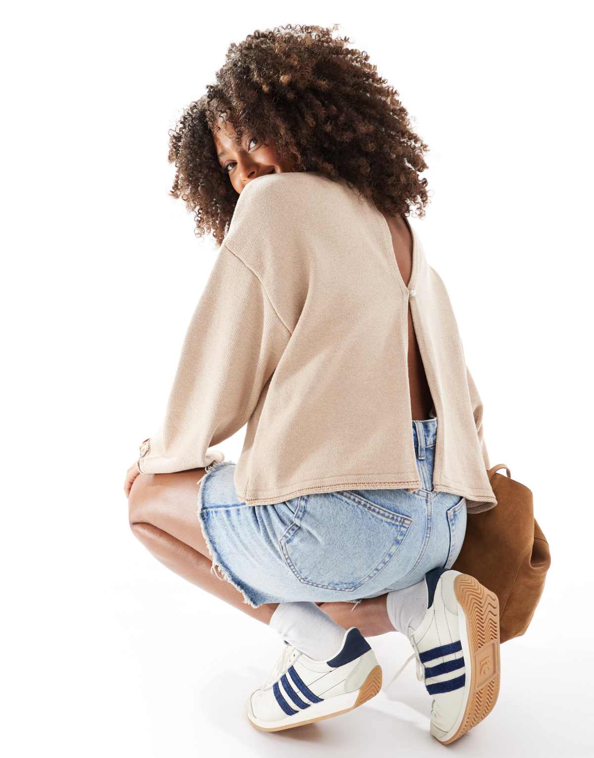 ASOS DESIGN wide sleeve knitted jumper with back opening in brown