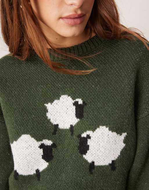 ASOS DESIGN wide sleeve knitted jumper with sheep design in dark green, 3 of 4