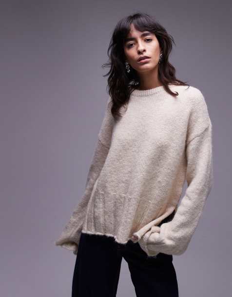 ASOS DESIGN  wide sleeve knitted jumper with wool in ecru