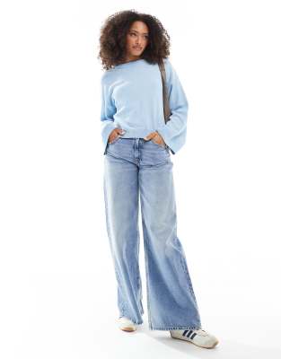 Asos Design Wide Sleeve Knitted Sweater In Blue