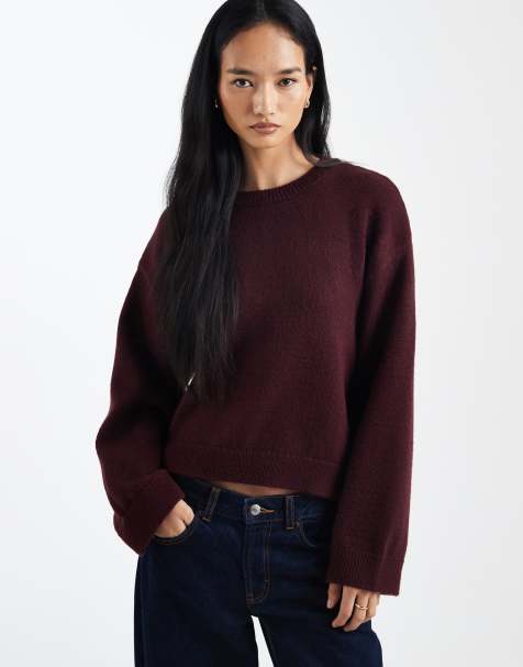 ASOS DESIGN wide sleeve oversized knitted jumper in burgundy