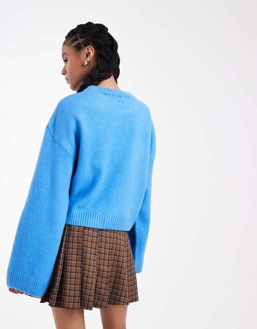 ASOS DESIGN wide sleeve oversized knitted jumper in blue, 3 of 4