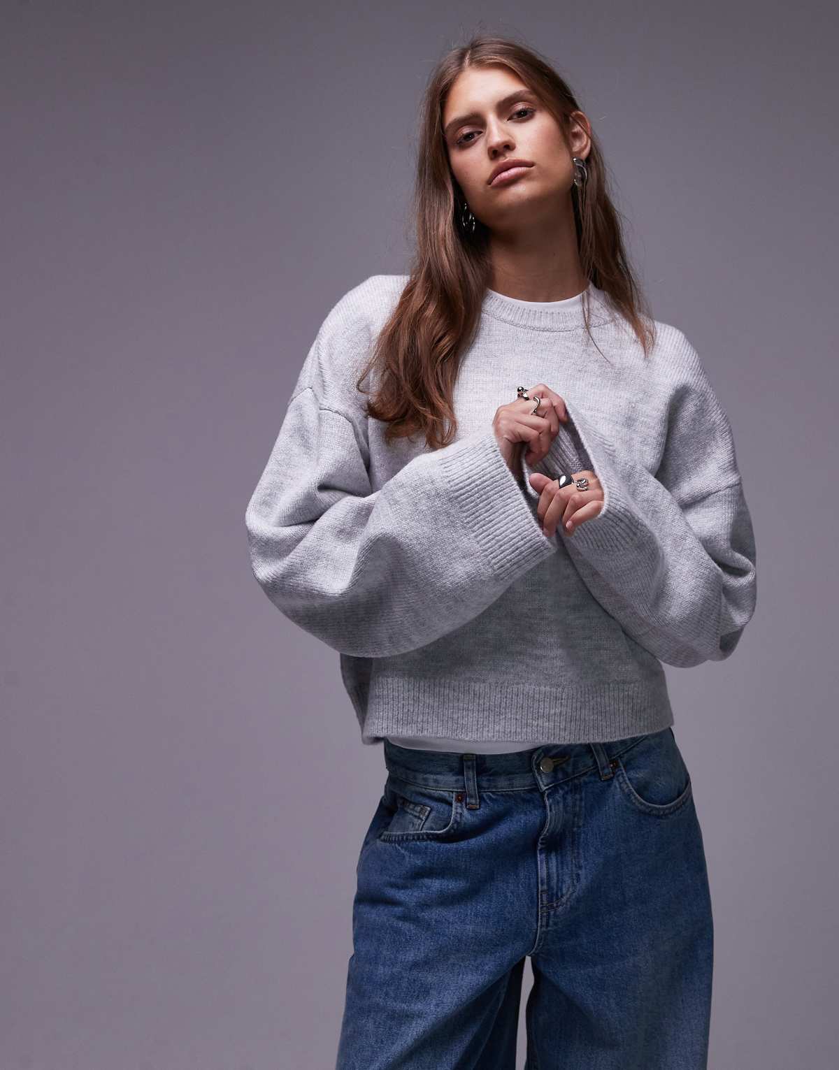 ASOS DESIGN wide sleeve oversized knitted jumper in grey