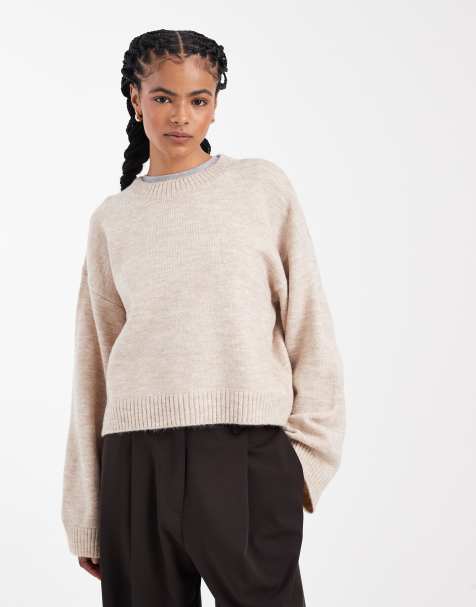 ASOS DESIGN wide sleeve oversized knitted jumper in oatmeal - view 1