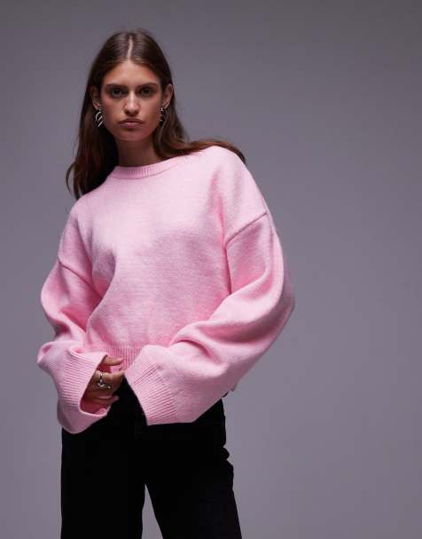ASOS DESIGN wide sleeve oversized knitted jumper in pink - view 1