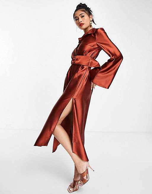 ASOS DESIGN wide sleeve satin belted midi shirt dress in rust