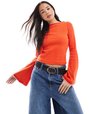 Asos Design Wide Sleeve Scallop Detail Top In Red