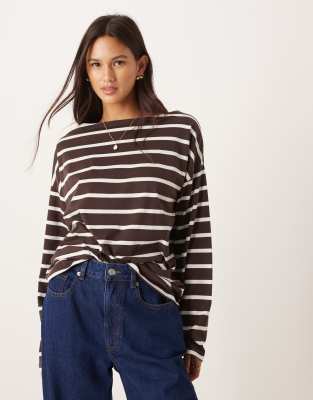 Asos Design Wide Sleeves Striped Top In Brown