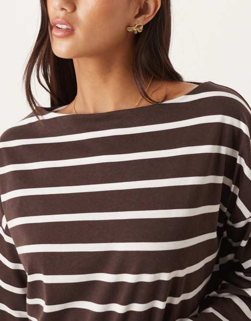 ASOS DESIGN wide sleeves striped top in brown, 3 of 4