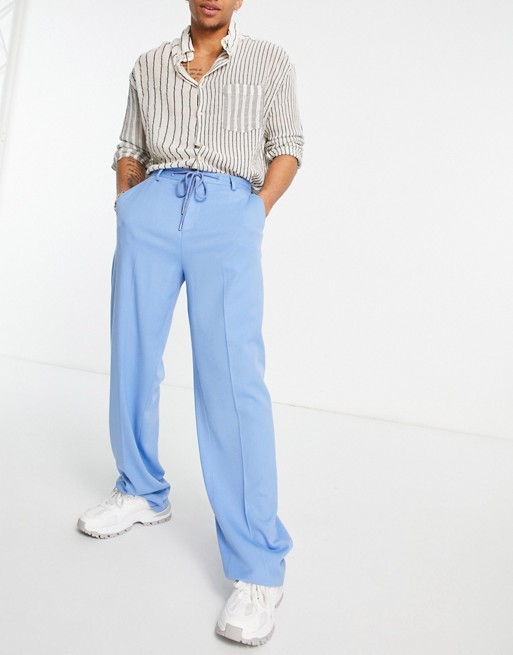 ASOS DESIGN wide smart trouser with drawcord waist in blue