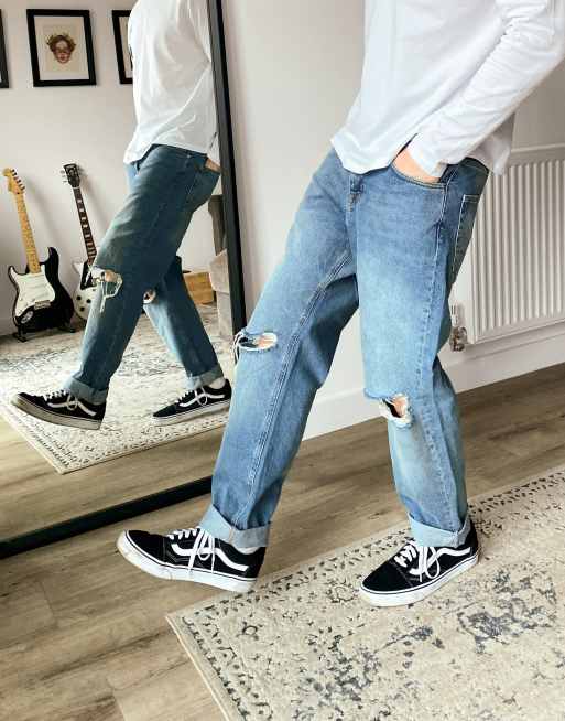 ASOS DESIGN wide straight crop jeans in vintage light wash with knee rips