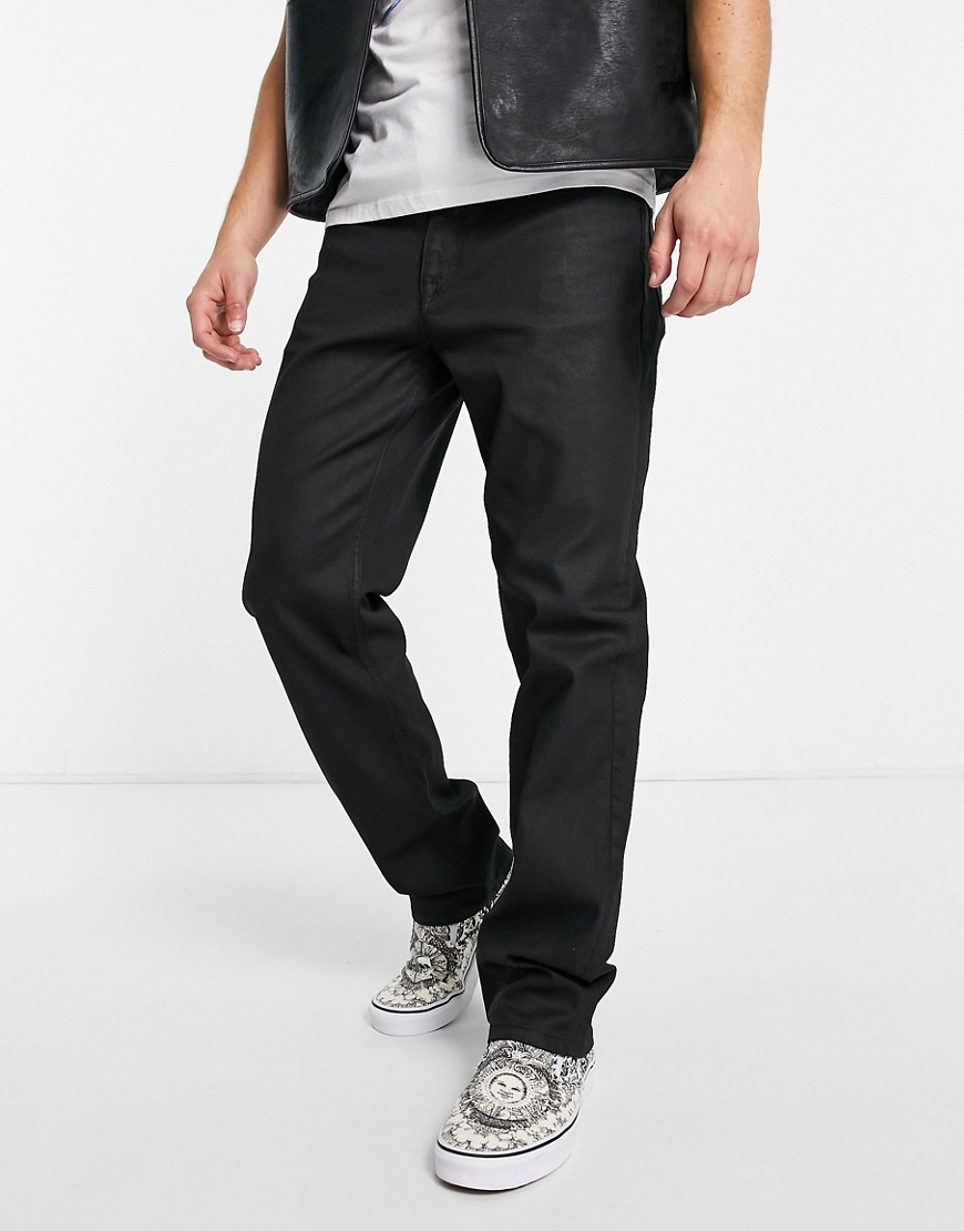 wide straight leg jeans in black coated denim