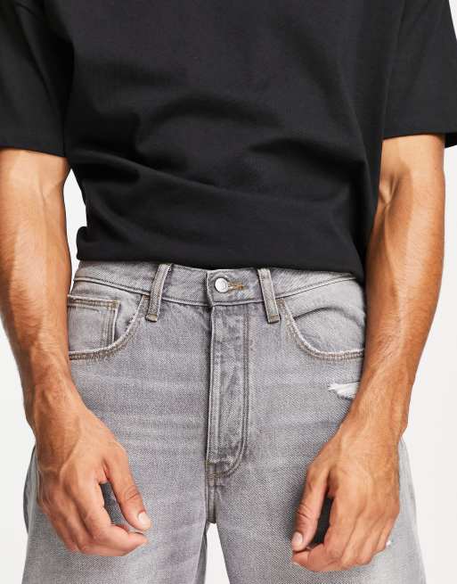 ASOS DESIGN wide straight leg jeans in grey with destroyed hem , 3 of 4