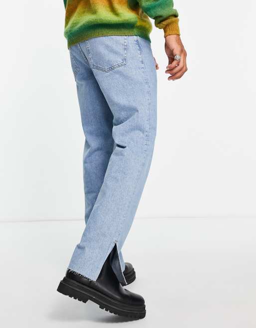 ASOS DESIGN wide straight leg jeans in light wash blue with split hem