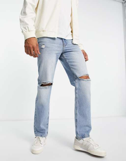 ASOS DESIGN wide straight leg jeans in tinted mid wash with knee rips ...