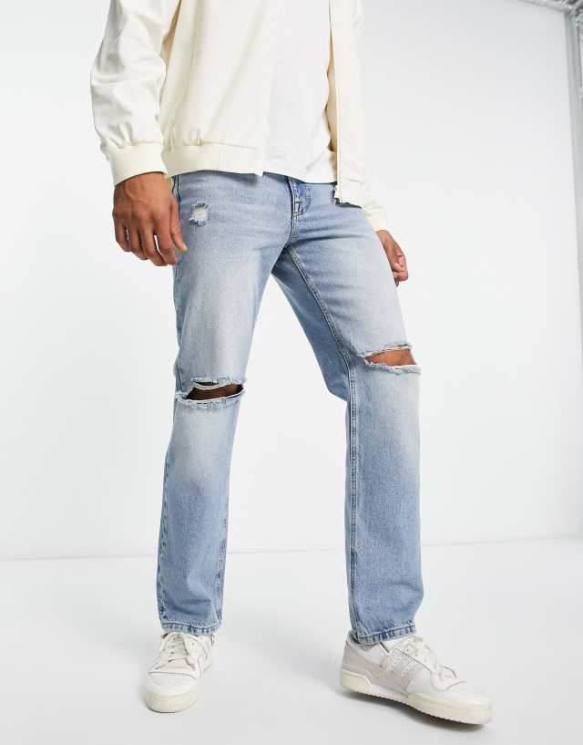 ASOS DESIGN wide straight leg jeans in tinted mid wash with knee rips