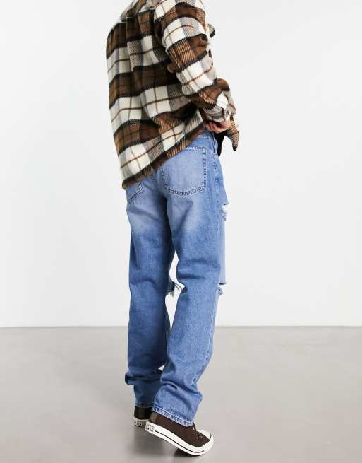 ASOS DESIGN wide straight leg jeans in vintage mid wash with rips, 2 of 4