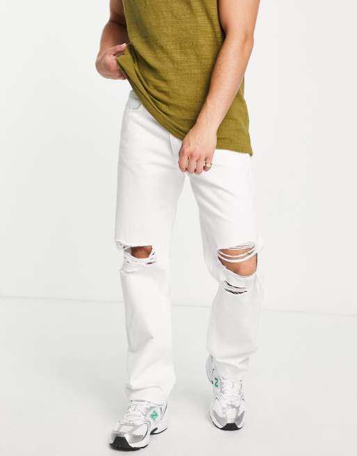 ASOS DESIGN wide straight leg jeans in white with knee rips