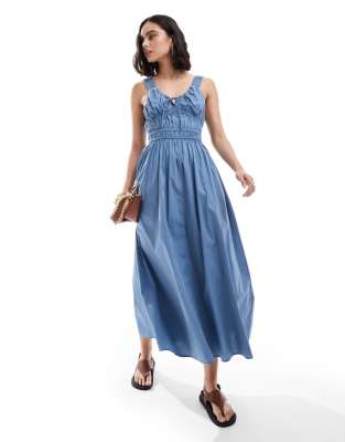 Asos Design Wide Strap Channel Waist Midi Sundress In Mid Blue