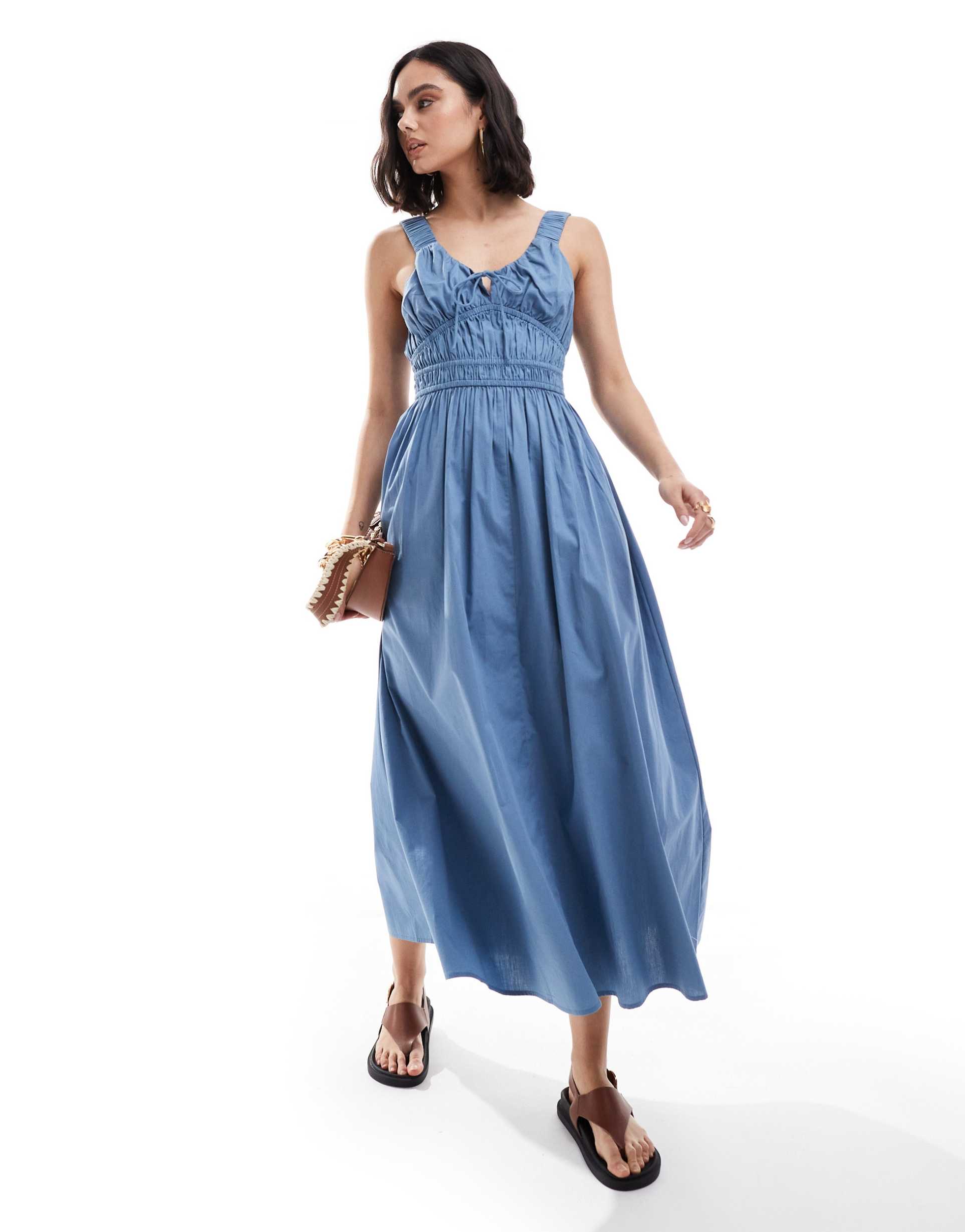 asos design wide strap channel waist midi sundress in mid blue