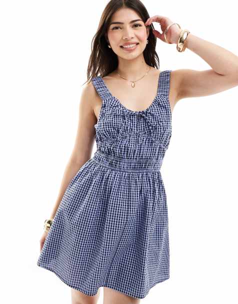 ASOS DESIGN wide strap channel waist mini sundress in blue gingham - view 1