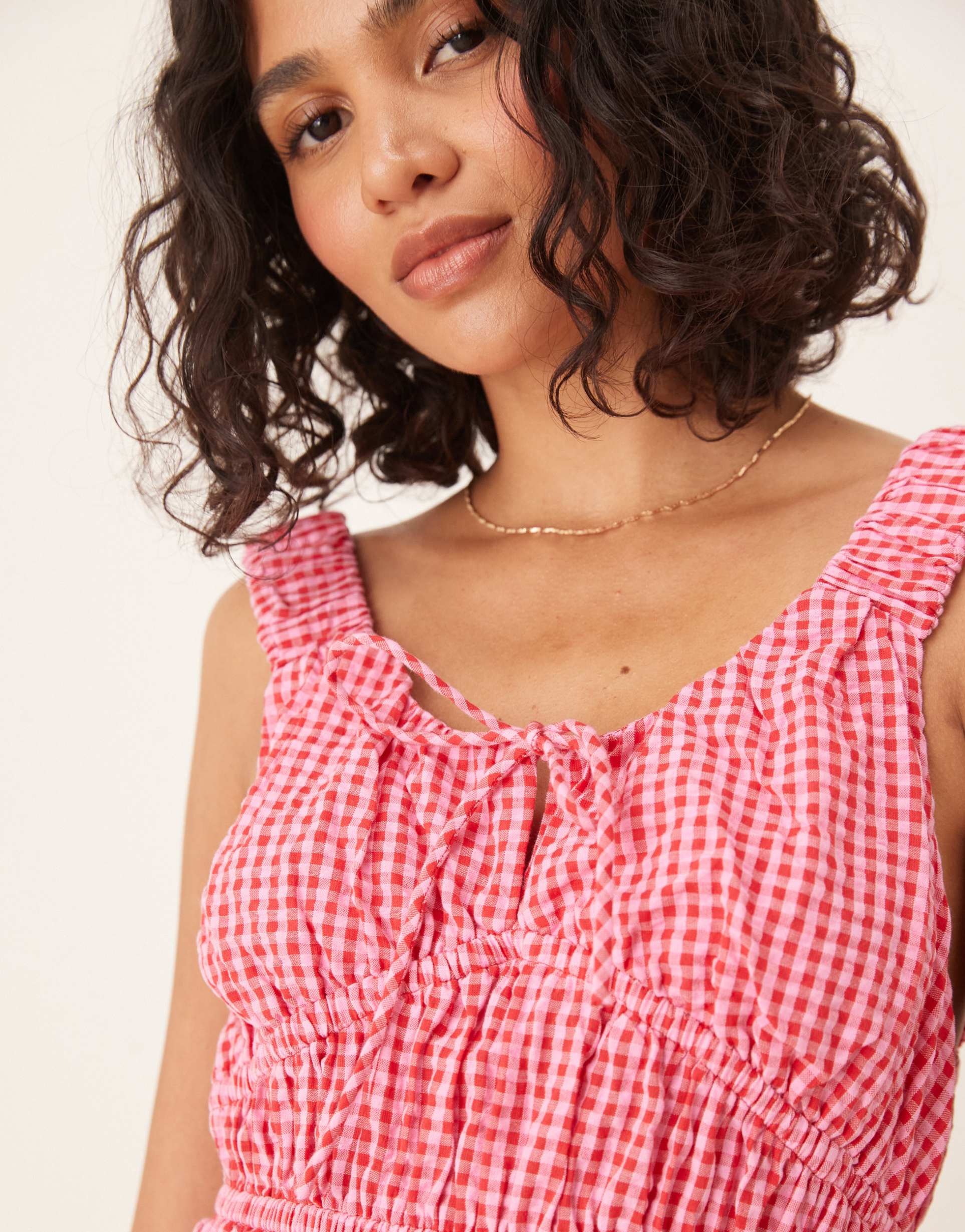 asos design wide strap channel waist mini sundress in pink and red gingham