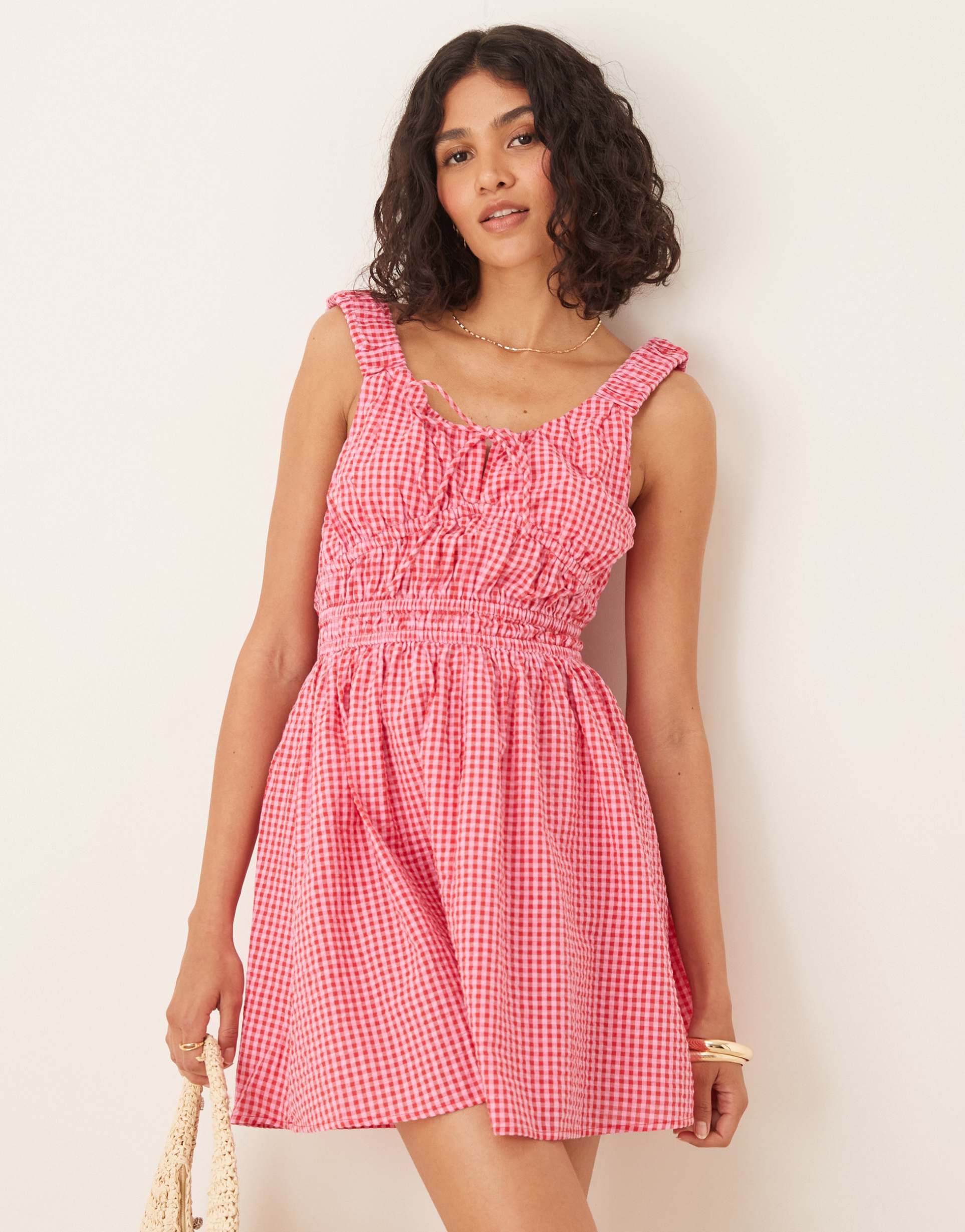 asos design wide strap channel waist mini sundress in pink and red gingham