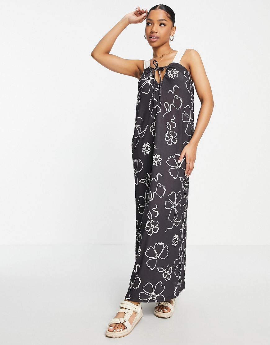 ASOS DESIGN wide strap maxi dress in black drawn floral print-Multi