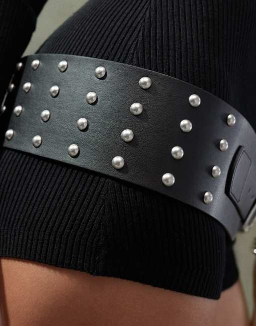 ASOS DESIGN wide studded belt with silver buckle in black ASOS