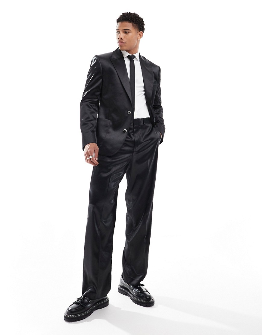 Asos Design Wide Suit Pants In Black Satin